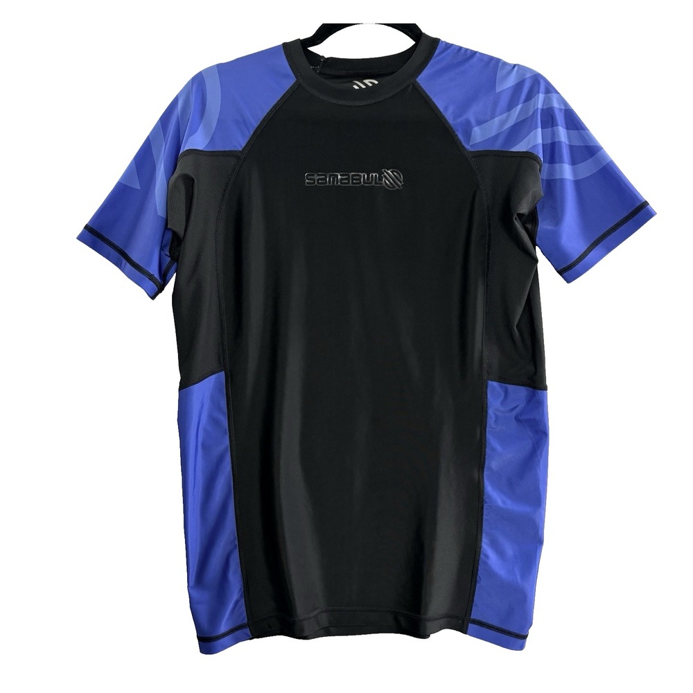 SANABUL Men Rash Guard Short Sleeve Compression Top Sz M Blue Black Swim 60-17
